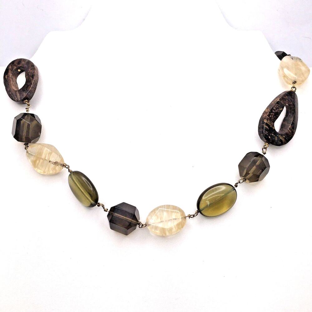 Faux Stone and Art Glass Necklace Smoky Quartz Olive Green Brown